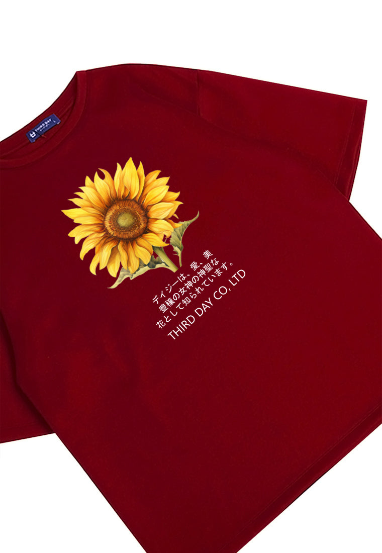 MTP72 kaos oversize flower sunflower bunga matahari bahan tebal scuba pria "big sunflower" merah maroon