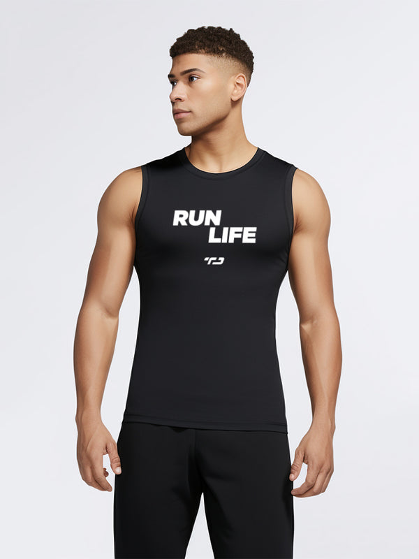 MSA05 kaos running lari pria kutung sleeveless tanktop 4way stretch nanoamid "run life" hitam