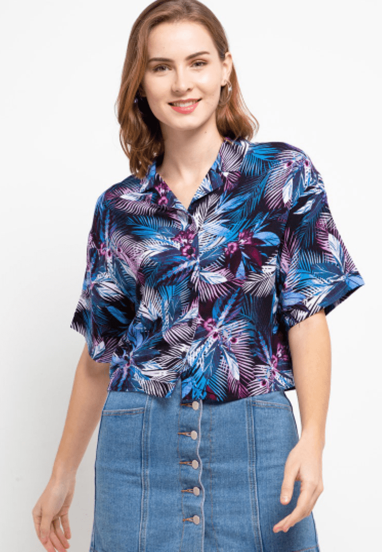 Nade Japan FT052 Kemeja Wanita Casual Motif Tropical Biru Ungu