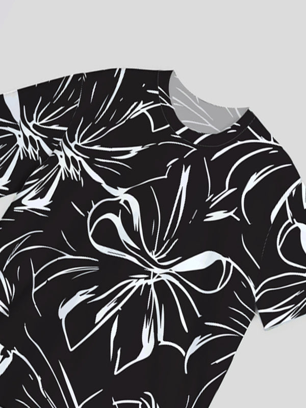 NX030 kaos oversize full print full motif pria bahan tebal "floral trumpet" hitam putih