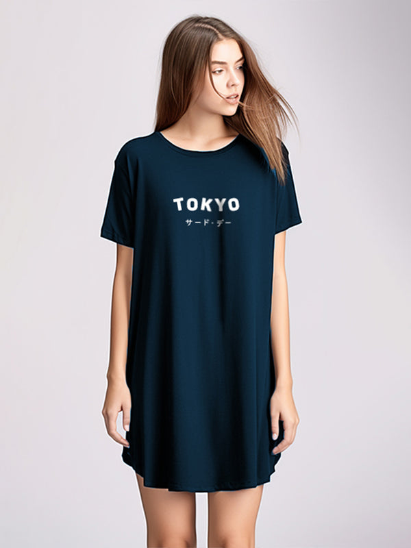 LTF11 long dress kaos t shirt wanita "tokyo katakana" navy