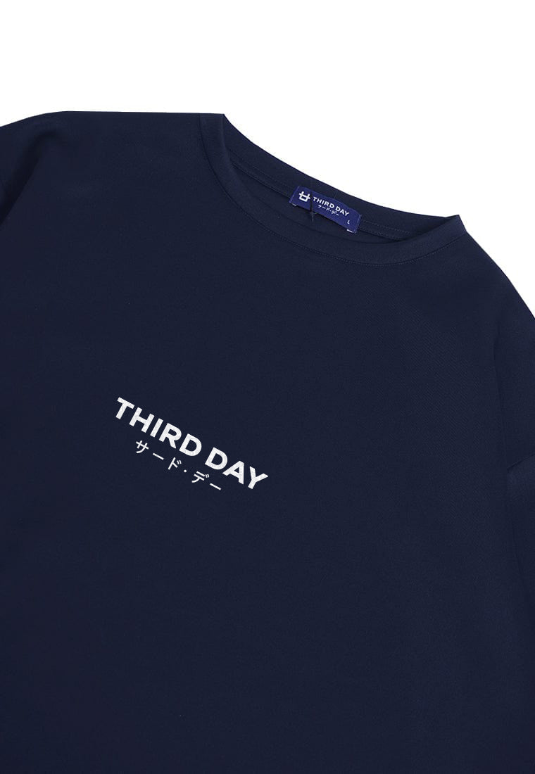 MTQ34 oversized t shirt pria bahan scuba tebal gambar tulisan "third day katakana dateng" navy