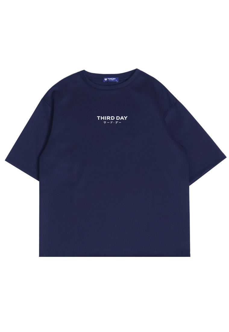 MTQ34 oversized t shirt pria bahan scuba tebal gambar tulisan "third day katakana dateng" navy