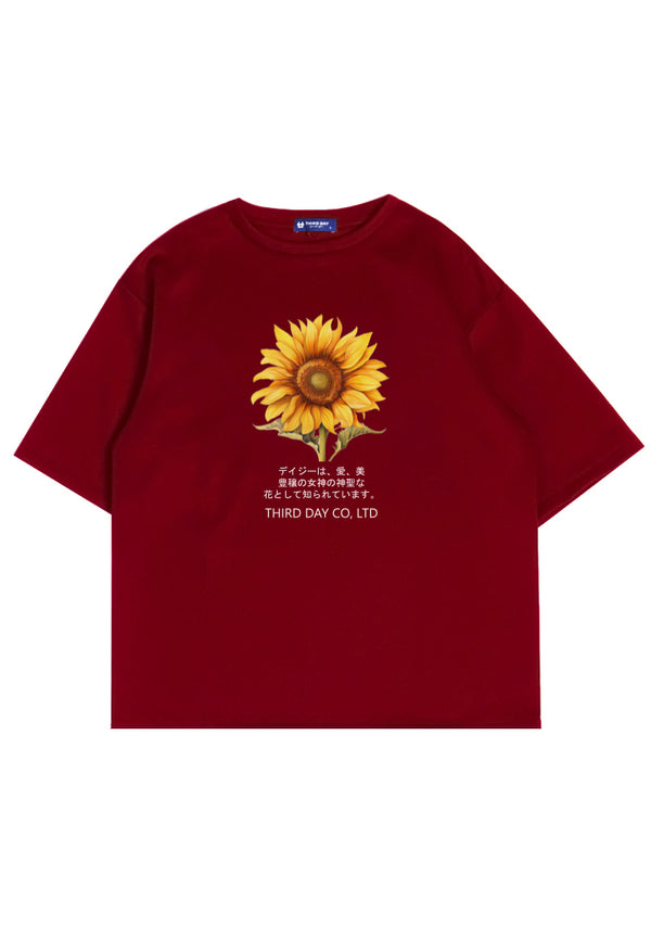 MTP72 kaos oversize flower sunflower bunga matahari bahan tebal scuba pria "big sunflower" merah maroon
