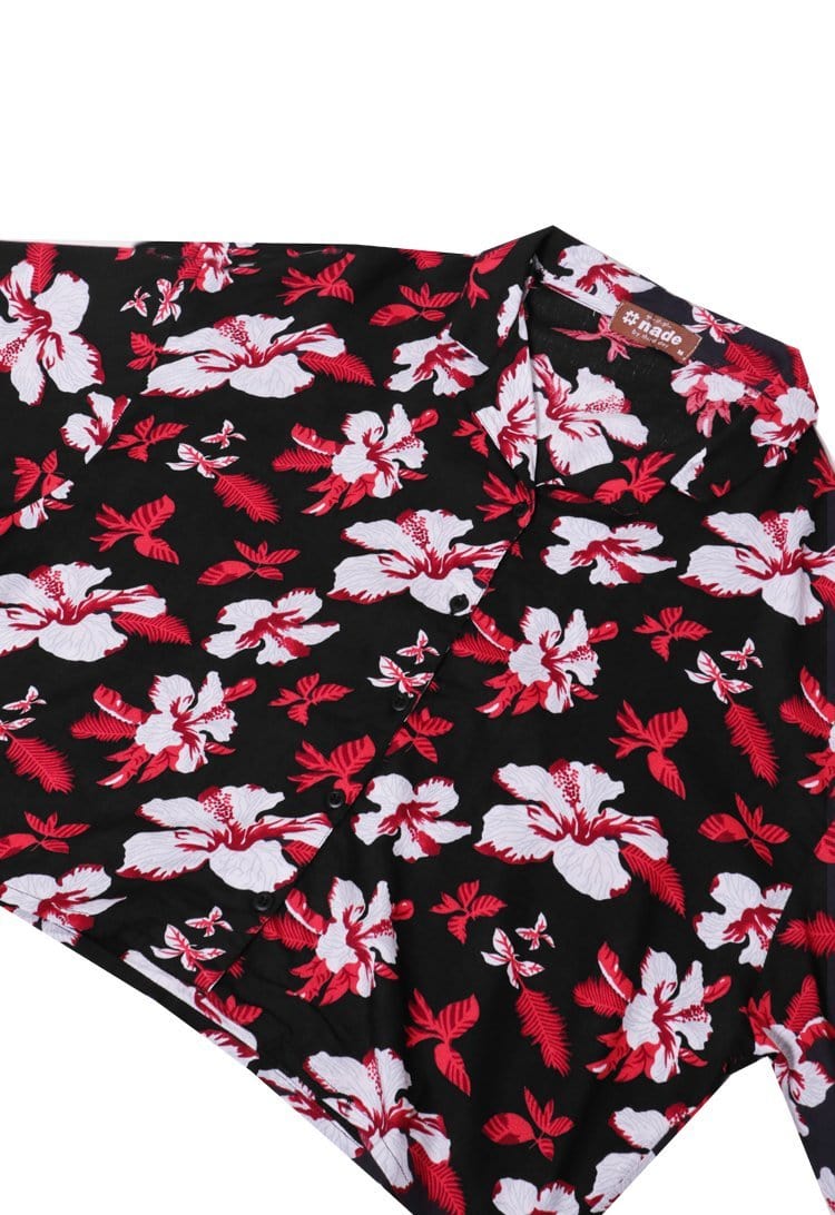 Nade Japan FT088 Kemeja pantai Wanita Kasual Motif Hibiscus Hitam