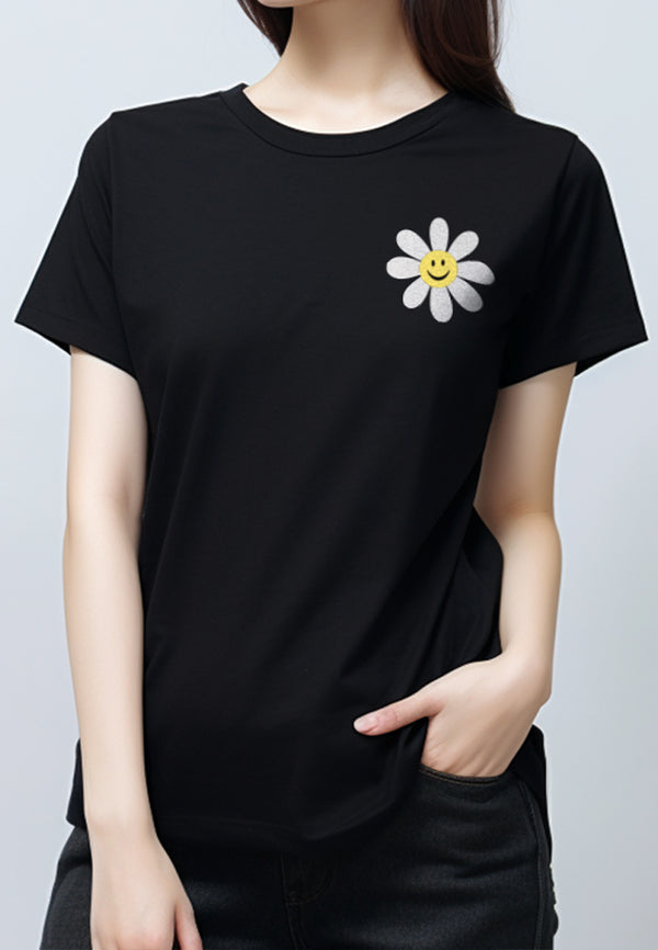 LTF27 kaos t shirt wanita ladies perempuan casual slim fit "smiley daisy" hitam