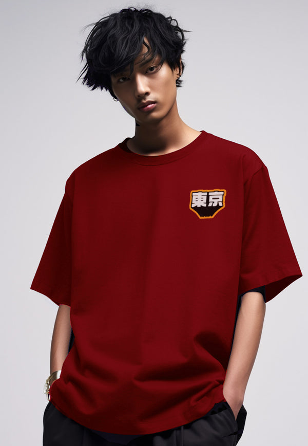 MTQ32 t shirt oversize pakaian oversized bahan tebal pria distro tulisan jepang "tokyo flat dakir" maroon