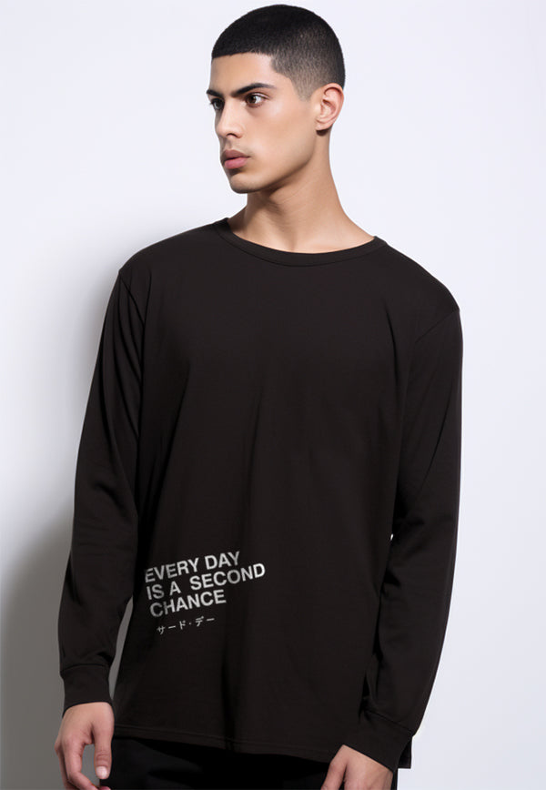 MTQ47 kaos lengan panjang hitam tangan panjang pria distro tulisan "everyday is second chance" hitam