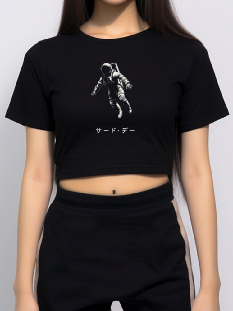 LTF16 kaos oversize crop top wanita longgar "astronaut katakana" hitam