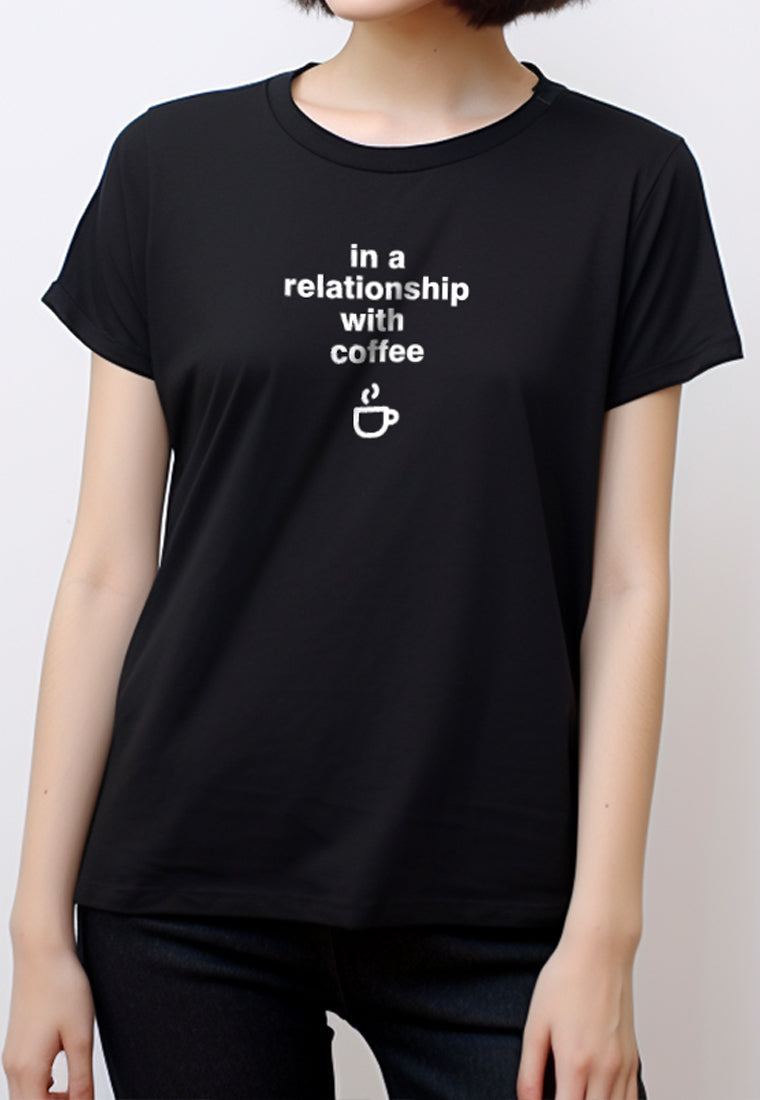 LTF24 kaos kaus t shirt wanita casual instacool "in a relationship with coffee" hitam
