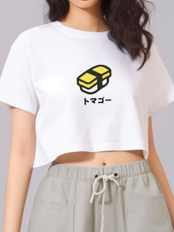 LTF17 kaos oversize crop top wanita OLC "tamago sushi" putih