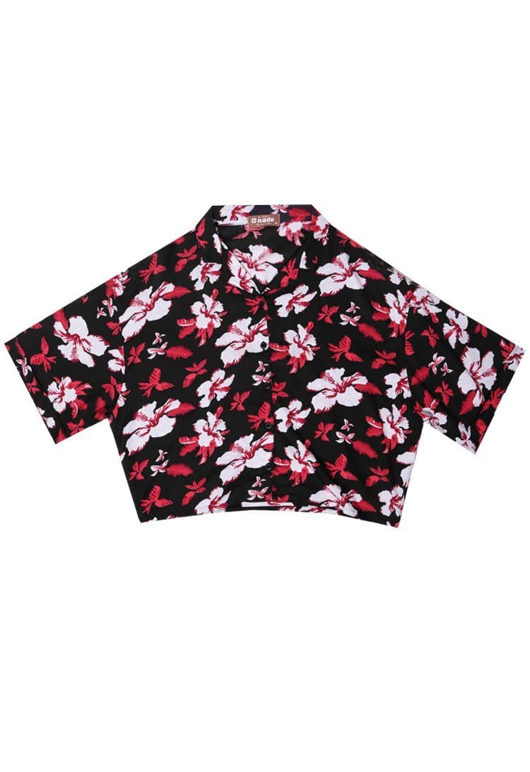 Nade Japan FT088 Kemeja pantai Wanita Kasual Motif Hibiscus Hitam