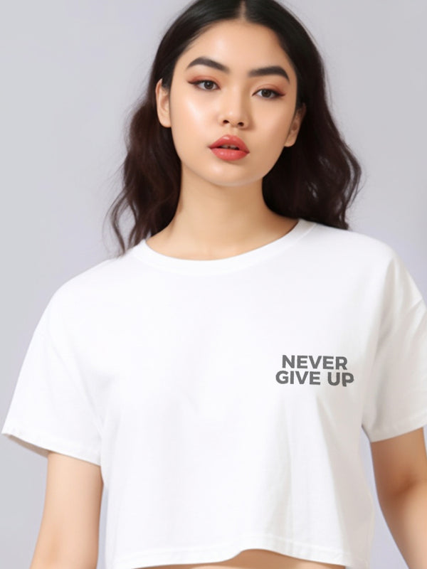 LTF18 kaos oversize crop top wanita OLC "never give up" putih