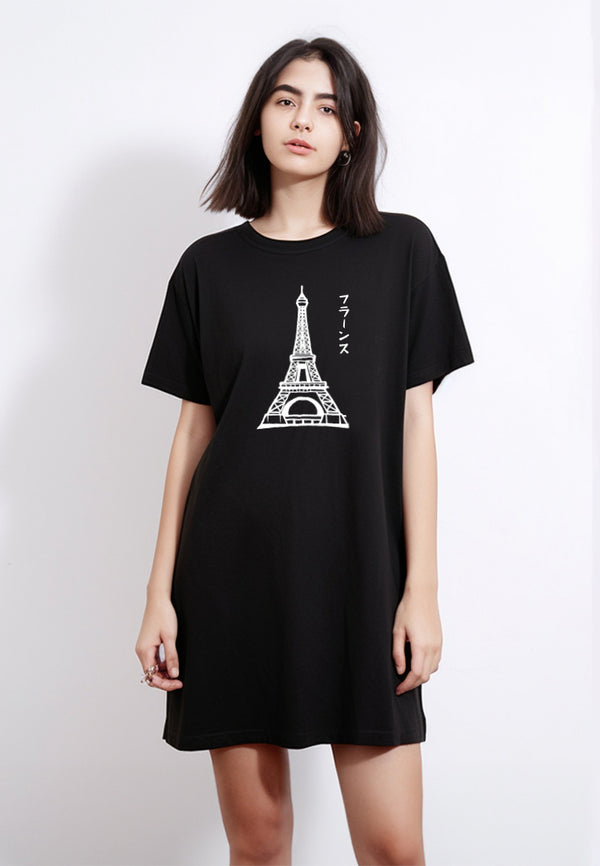 LTE93 long dress korean style kaos casual "france katakana" hitam