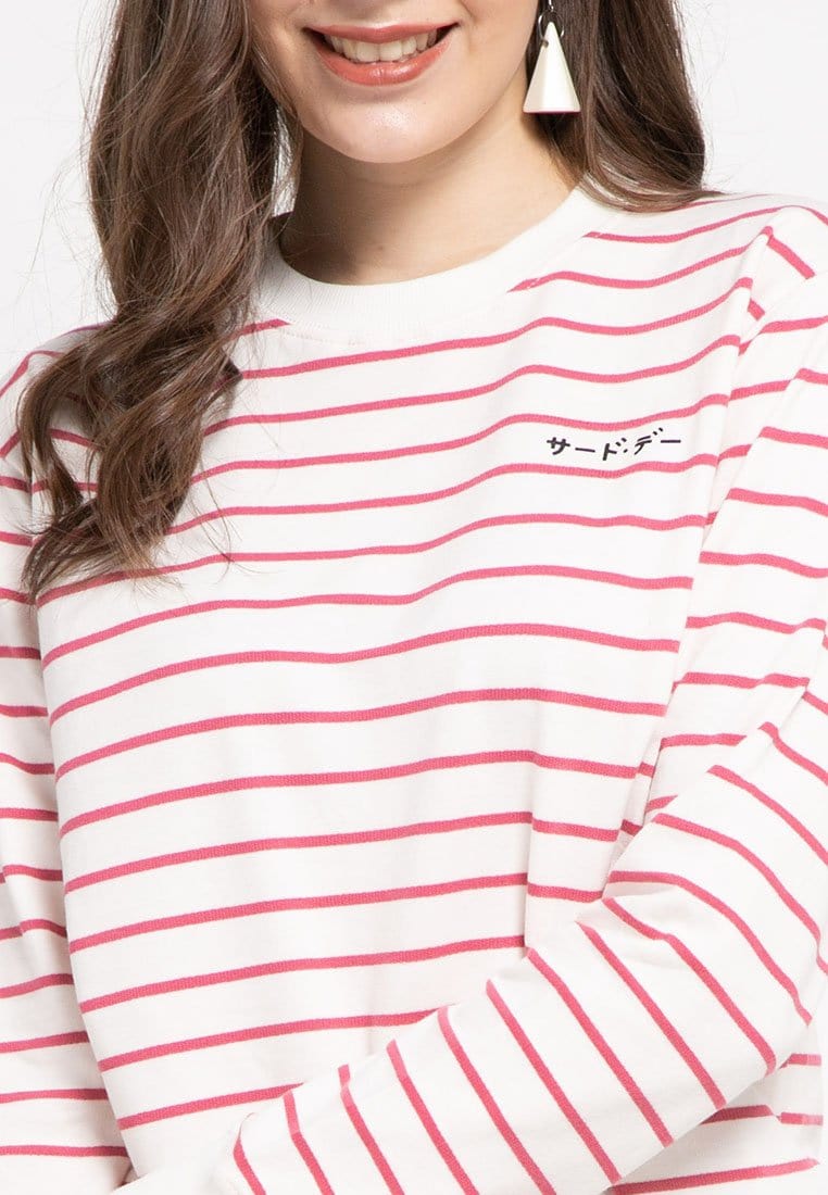 LO010 Thirdday sweater casual wanita dakir katakana putih pink