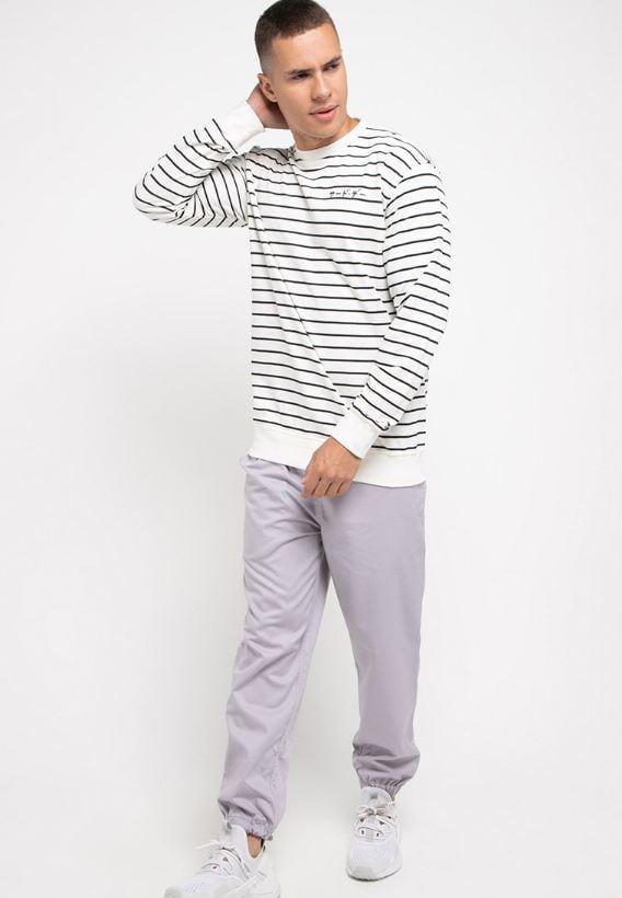 Third Day MO184 sweater casual pria dakir katakana stripe putih hitam