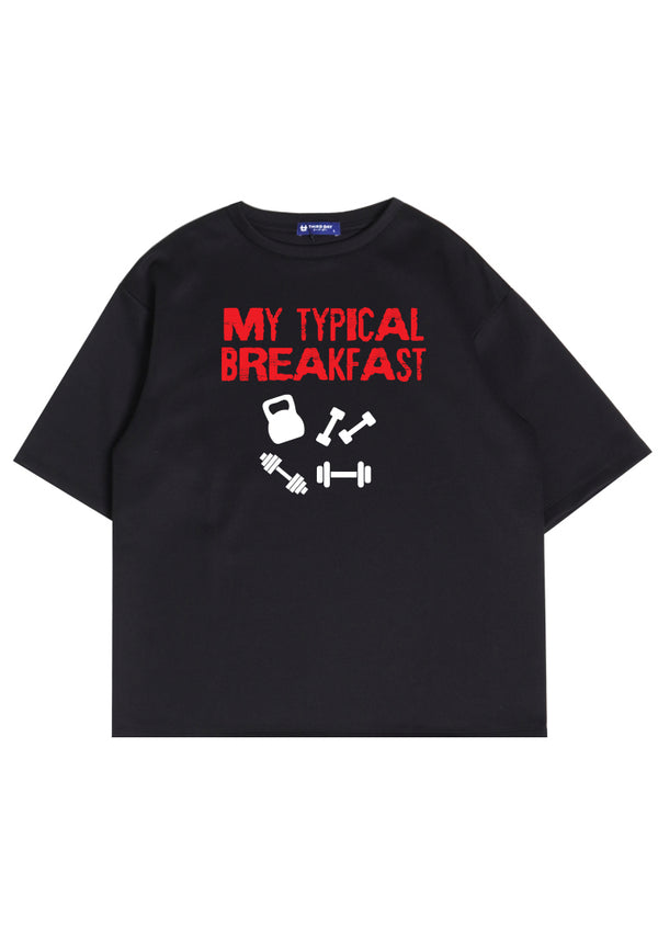 MTQ14 kaos oversize gym distro pria bahan tebal scuba "typical breakfast" hitam