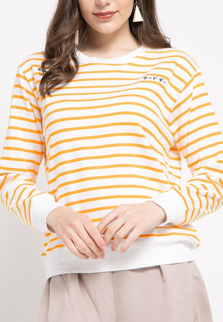 LO011 Thirdday sweater casual wanita dakir katakana stripe putih kuning