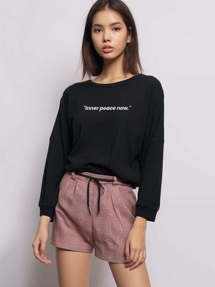 LTF21 kaos lengan panjang wanita kekinian LV "Inner Peace Now" hitam