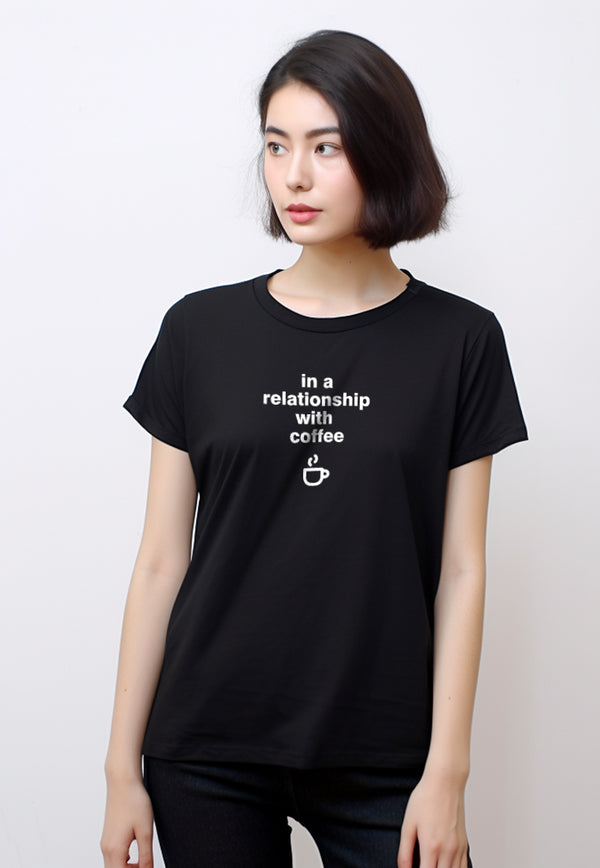 LTF24 kaos kaus t shirt wanita casual instacool "in a relationship with coffee" hitam