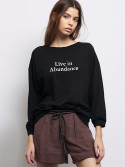 LTF19 kaos lengan panjang wanita kekinian LV "live in abundance" hitam