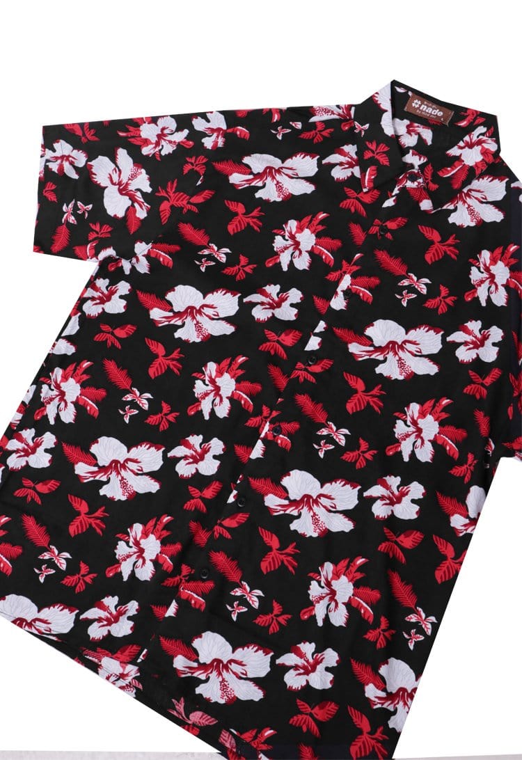 Nade Japan NTA46 Kemeja pantai kasual pria Motif Hibiscus Hitam