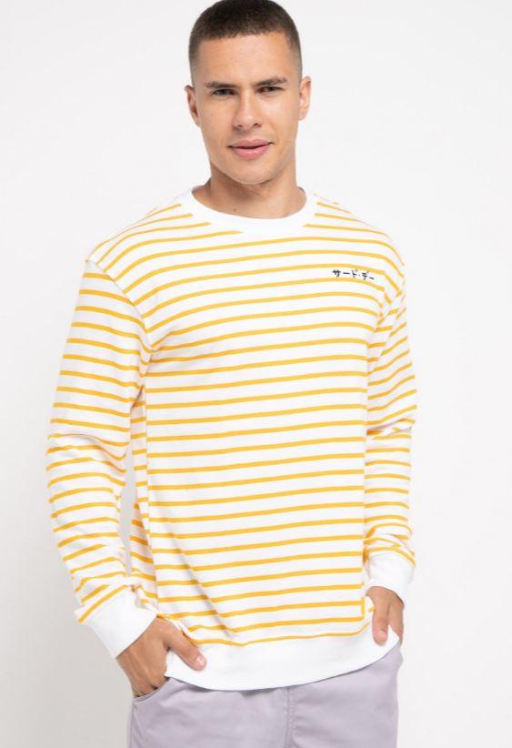 Third Day MO190 sweater casual pria dakir katakana stripe putih kuning