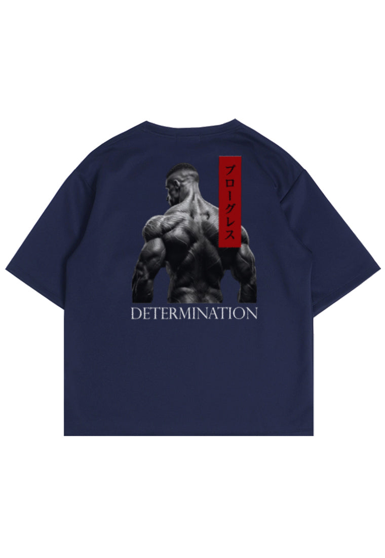 MTP54 kaos oversize gym pria bodybuilding bahan tebal scuba "determination" navy