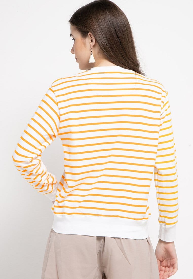 LO011 Thirdday sweater casual wanita dakir katakana stripe putih kuning