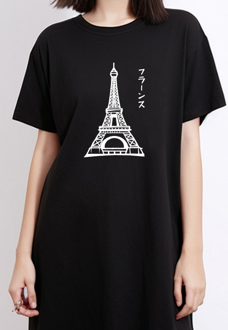 LTE93 long dress korean style kaos casual "france katakana" hitam