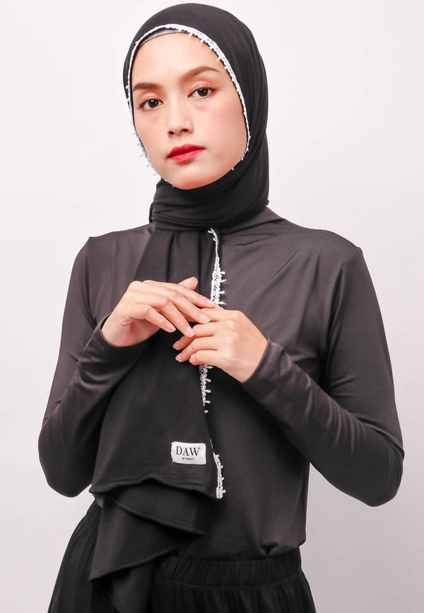 Daw Project DH063 Lace Putih Hijab Pashmina Hitam