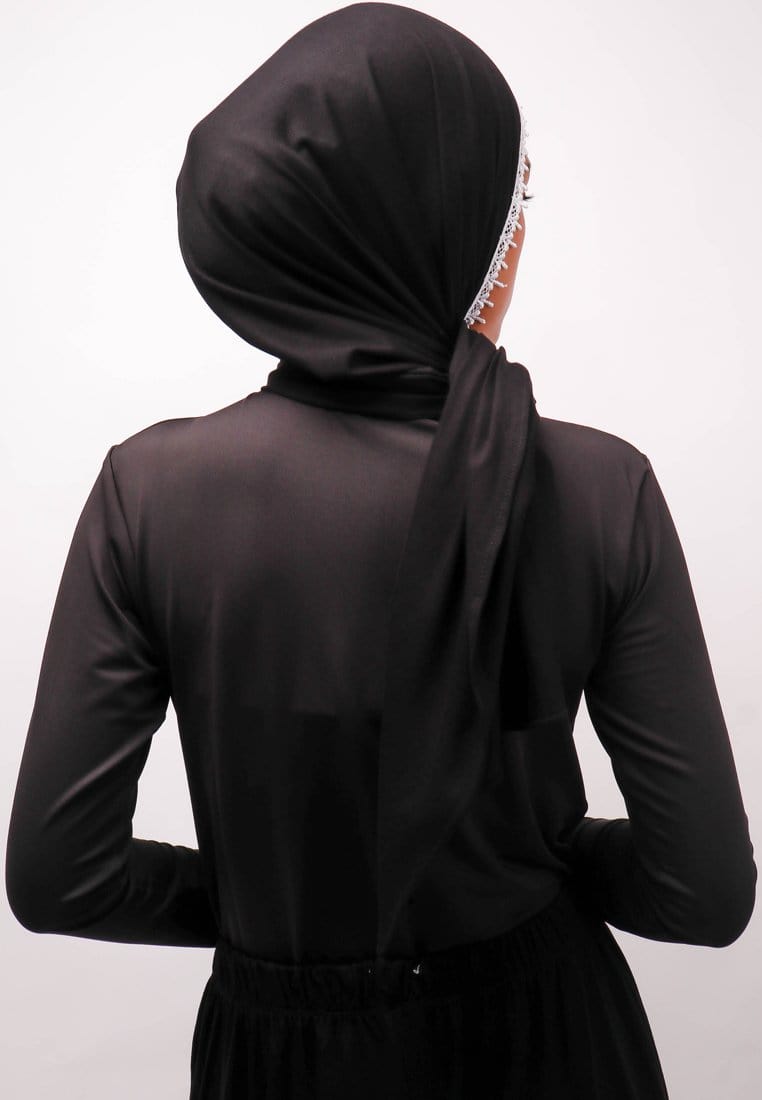 Daw Project DH063 Lace Putih Hijab Pashmina Hitam