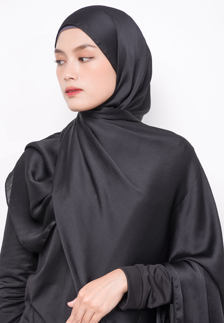 Daw Project DH077 Kerudung Pashmina Pasmina Phasmina Crinkle Satin Silk Premium Shawl Hitam