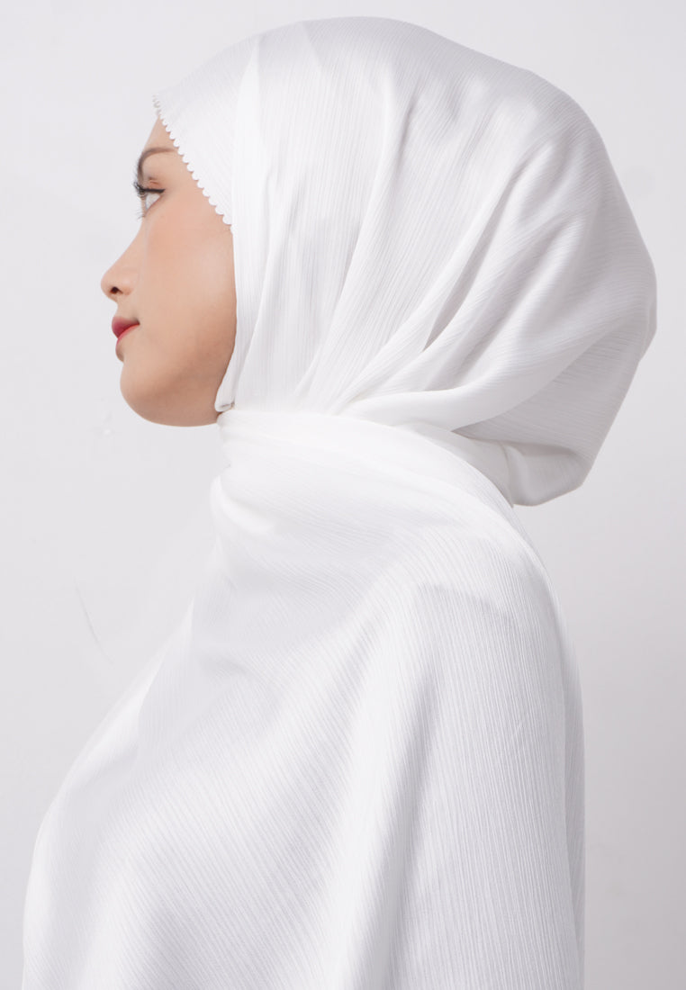 Daw Project DH085 Kerudung Pashmina Pasmina Phasmina Crinkle Satin Silk Premium Shawl Laser Cut Broken White