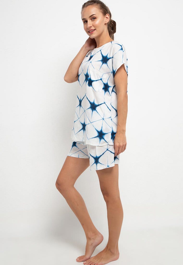 Nade Japan FT057 AMS Baju Tidur Tie Dye Star Wanita Set Baju Celana Tidur Biru