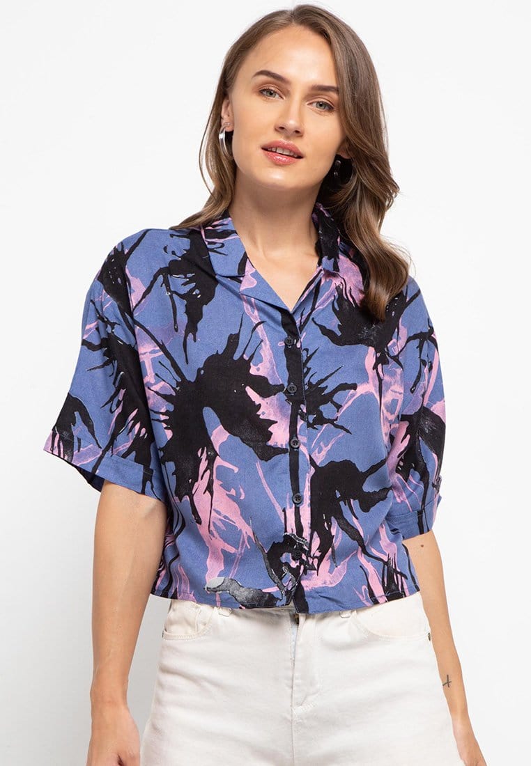 Nade Japan FT045 Kemeja wanita oversize motif daun api abu