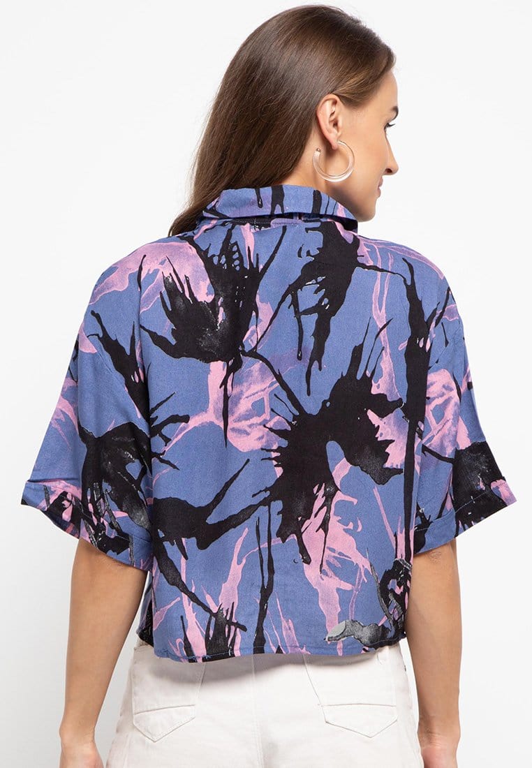Nade Japan FT045 Kemeja wanita oversize motif daun api abu