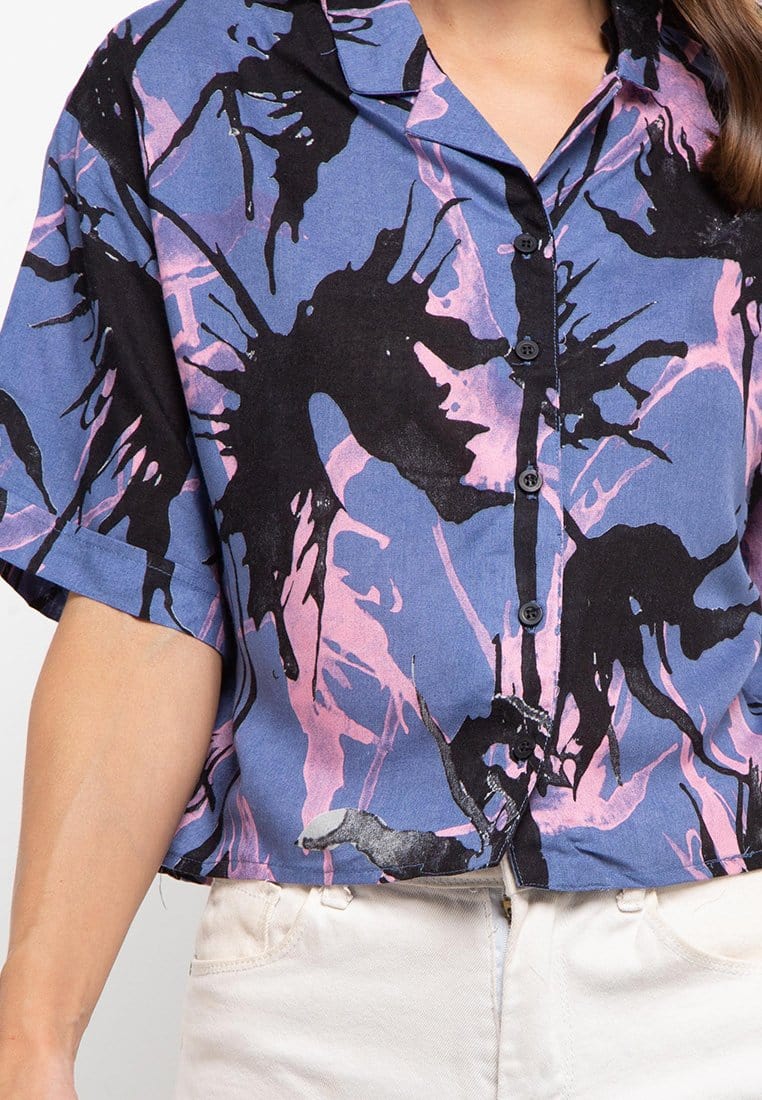 Nade Japan FT045 Kemeja wanita oversize motif daun api abu