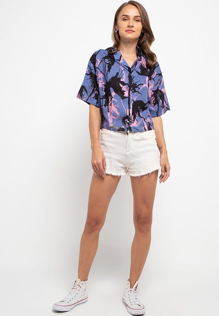 Nade Japan FT045 Kemeja wanita oversize motif daun api abu