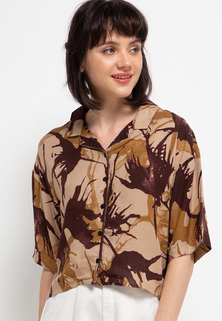 Nade Japan FT047 Kemeja wanita oversize motif daun api coklat