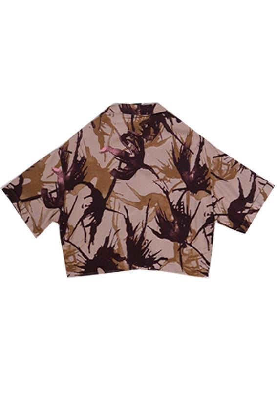 Nade Japan FT047 Kemeja wanita oversize motif daun api coklat