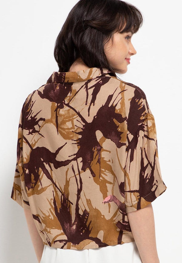 Nade Japan FT047 Kemeja wanita oversize motif daun api coklat