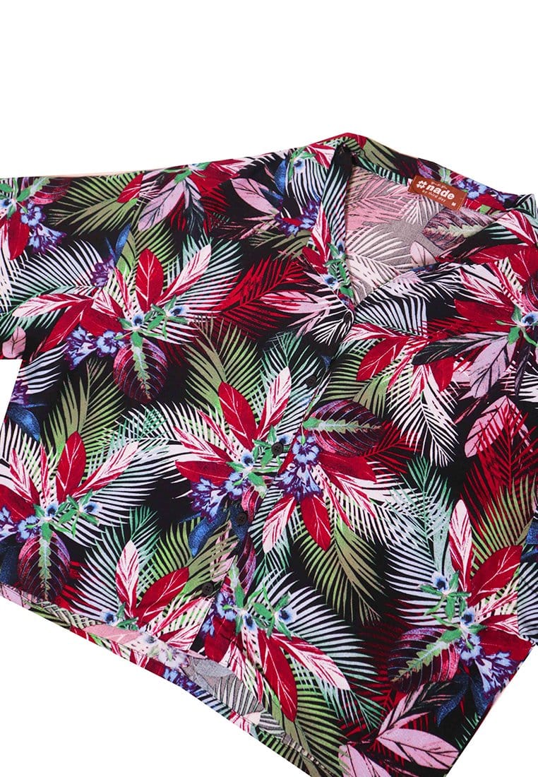 Nade Japan FT053 Kemeja Wanita Casual Motif Tropical Merah Pink