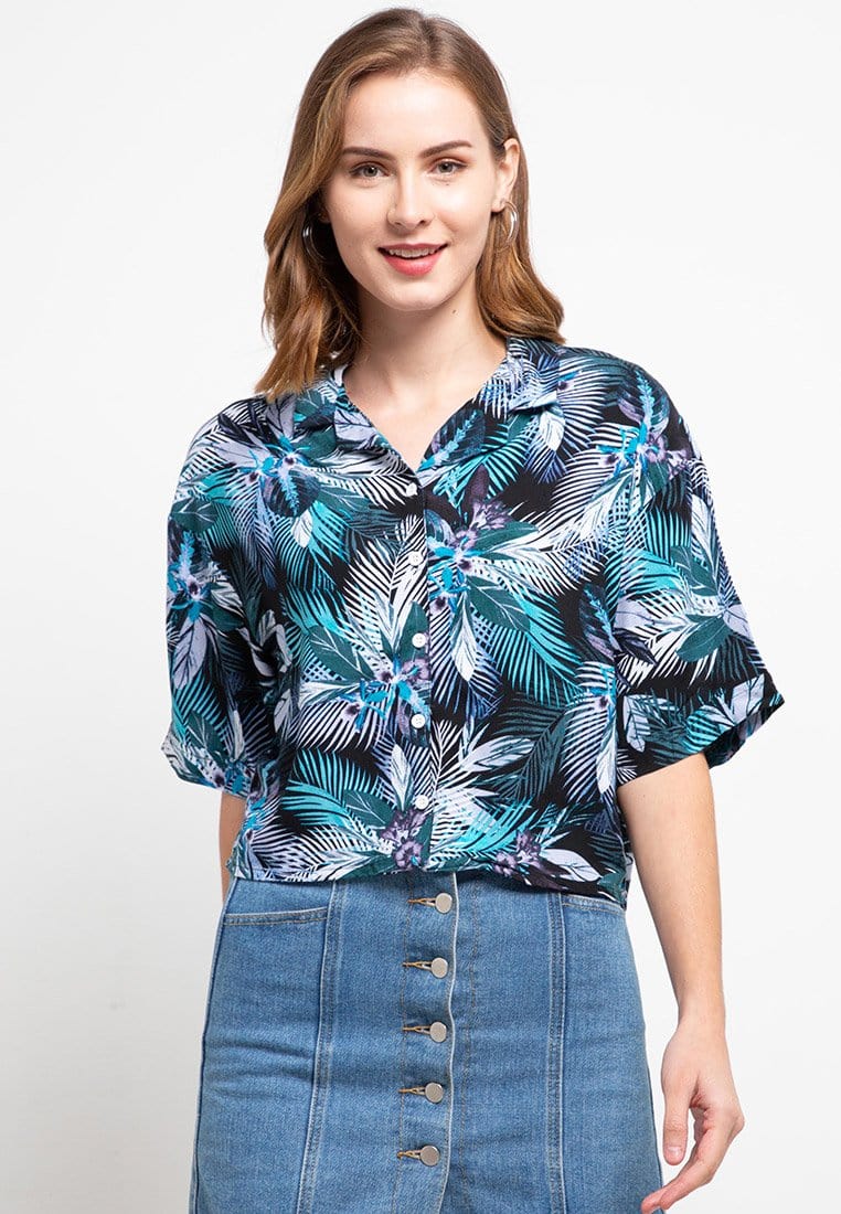 Nade Japan FT054 Kemeja Wanita Casual Motif Tropical Hijau Ungu