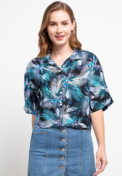 Nade Japan FT054 Kemeja Wanita Casual Motif Tropical Hijau Ungu