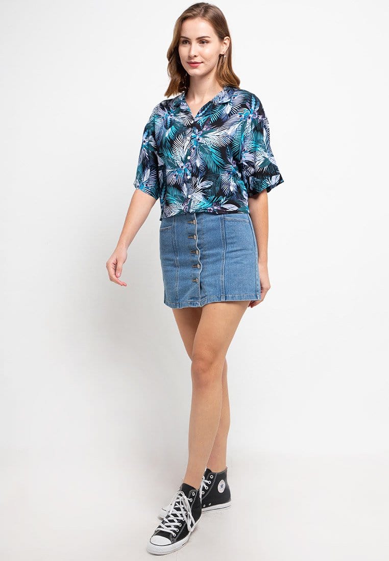 Nade Japan FT054 Kemeja Wanita Casual Motif Tropical Hijau Ungu
