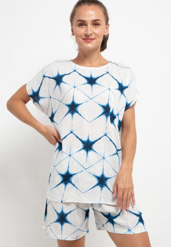 Nade Japan FT057 AMS Baju Tidur Tie Dye Star Wanita Set Baju Celana Tidur Biru