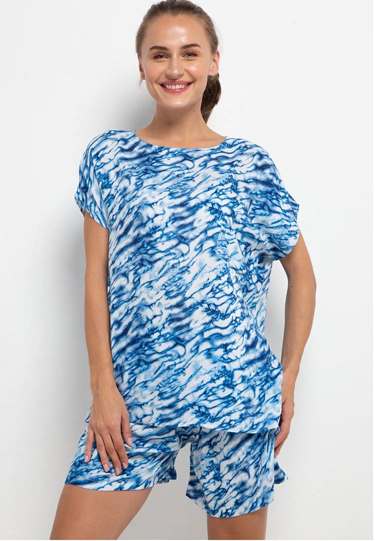 Nade Japan FT060 AMS Baju Tidur Tie Dye Marmer Wanita Set Baju Celana Tidur Biru