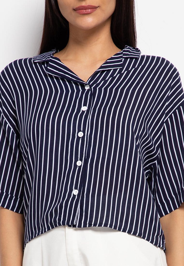 Nade Japan FT079 Kemeja pantai Wanita Kasual stripe navy