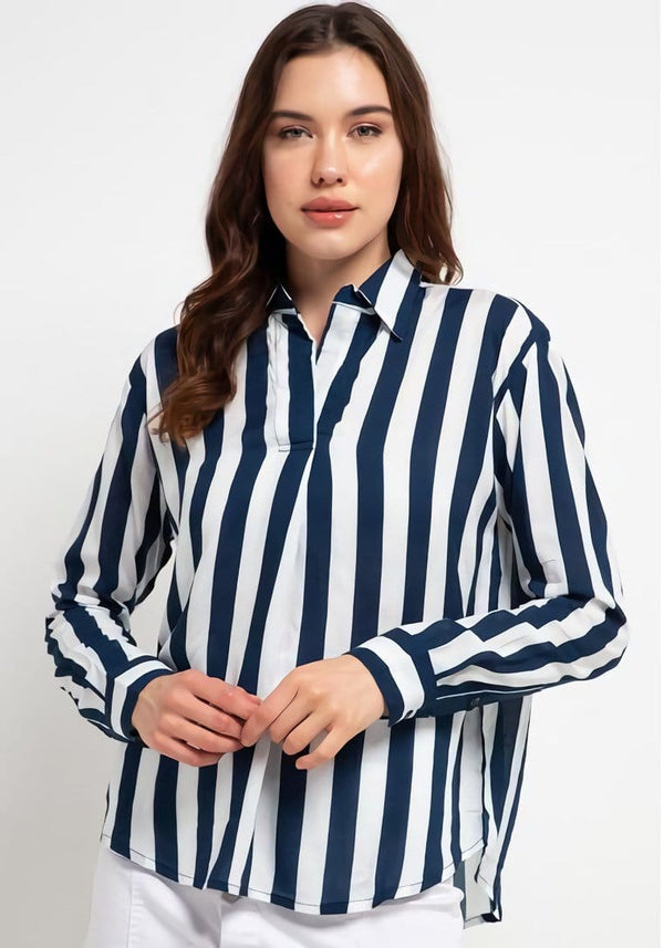 Nade Japan FT094 WFL Women Flanel Long Ver Stripe white-navy